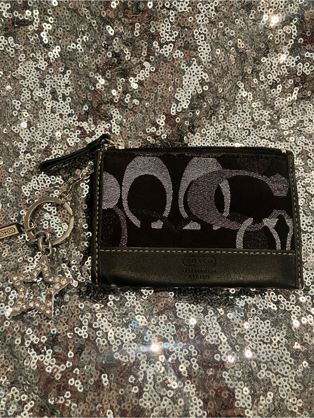 Coach Black and Silver Signature Card Holder with Star Charm